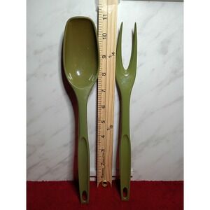 Vintage Foley Avocado Green Nylon Salad Serving Set Spoon and Fork 11 Inch MCM